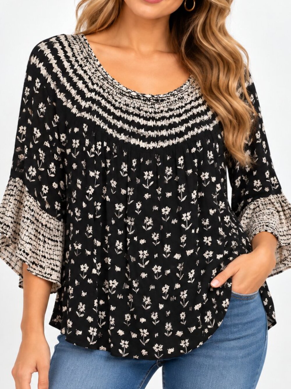 Floral Boho Blouse Black White Smocked Neck Bell Sleeve Ruffle Sleeve Tunic Top